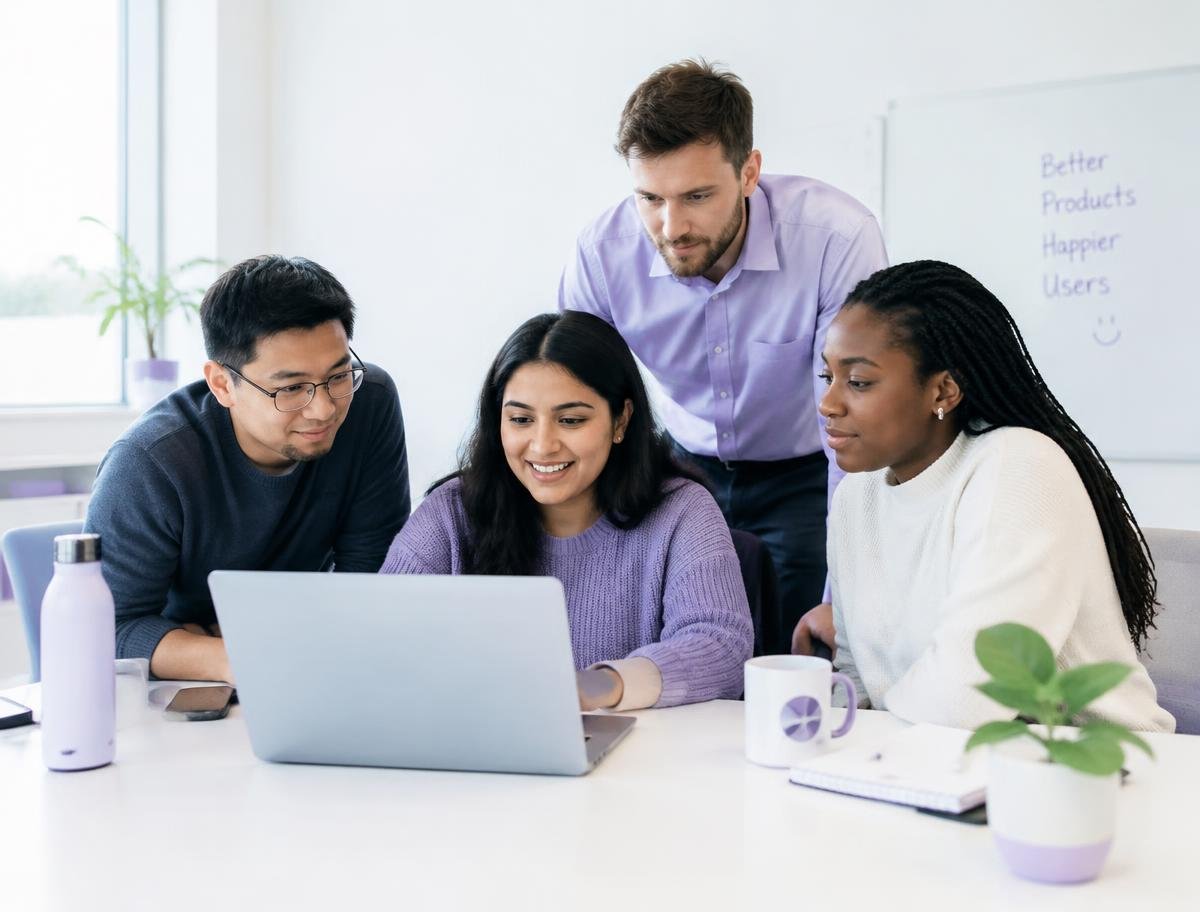 Nexora Tech engineering team collaborating over software code in a modern tech workspace