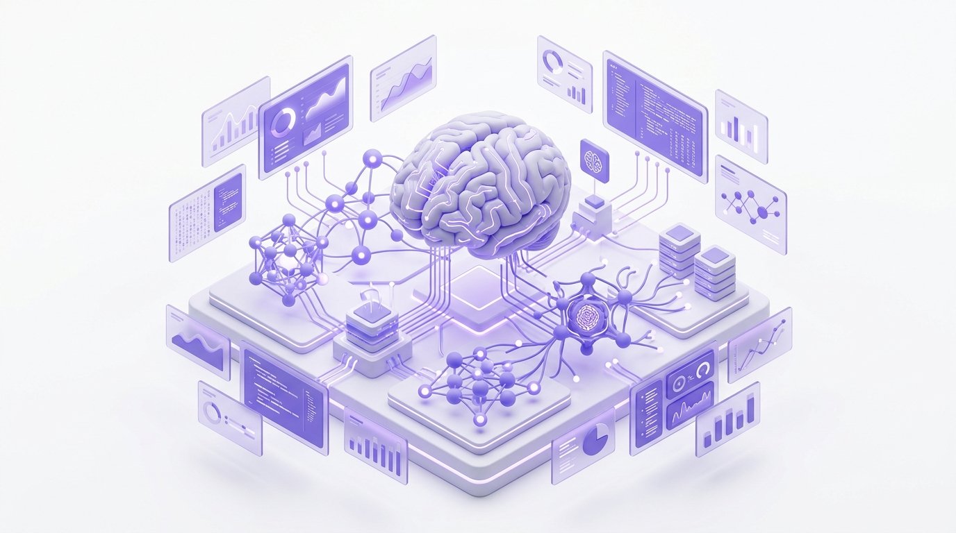 AI neural network visualization with connected machine learning models and analytics