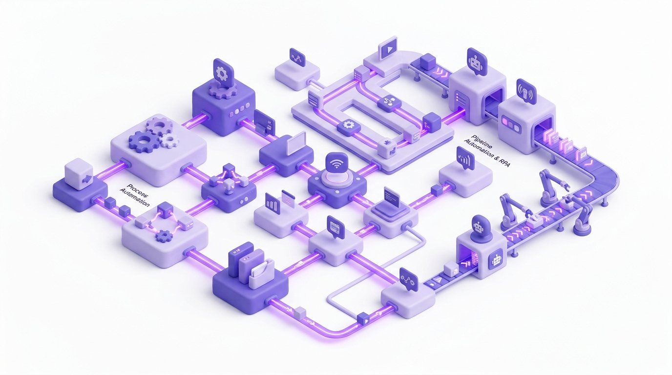 Connected workflow automation diagram with robotic process nodes and data pipelines