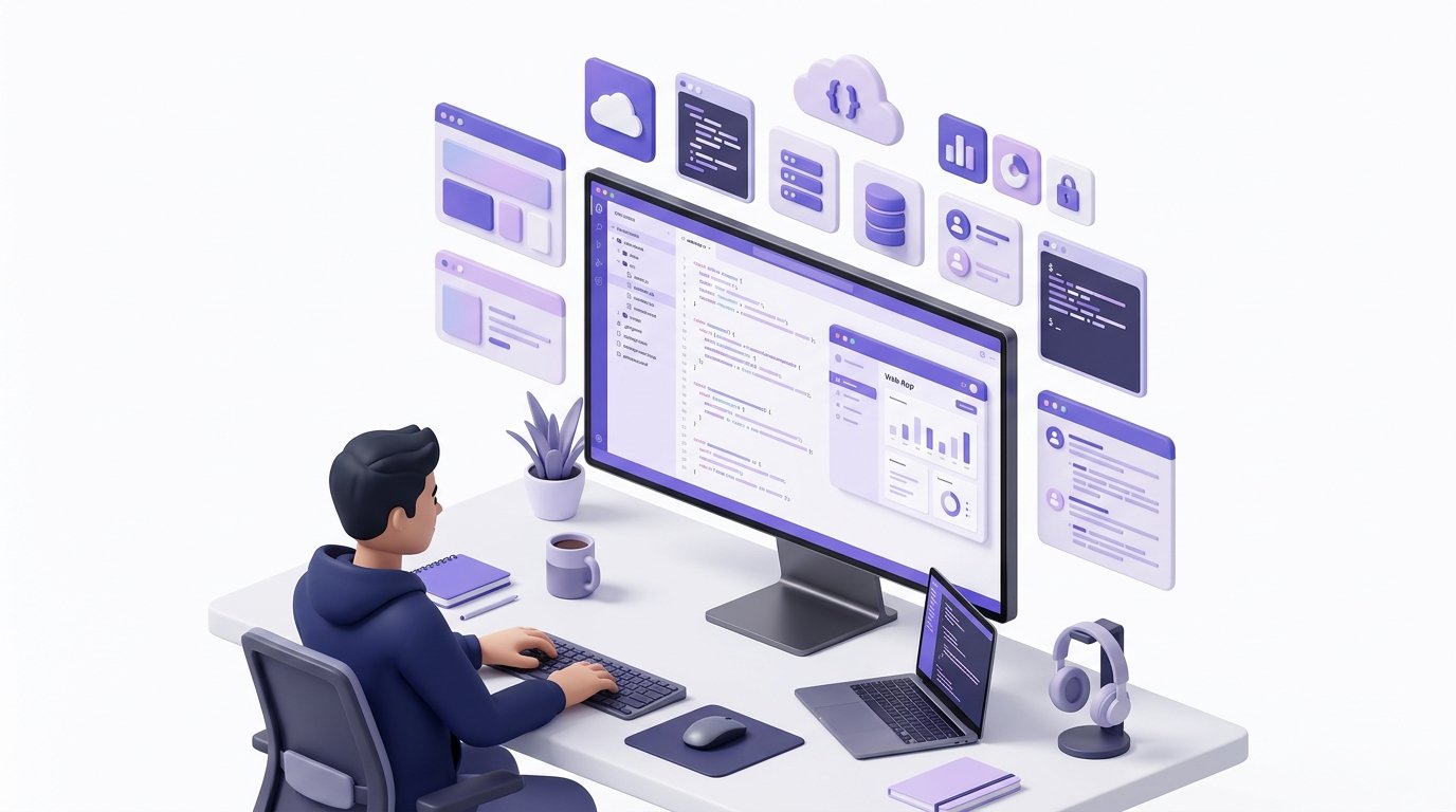 Custom software development workspace showing code editor and application interfaces